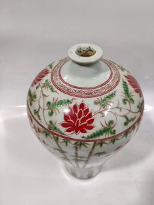 晓堂老瓷器明代红绿彩岁寒三友梅瓶包浆熟旧手工拉胚三段接胎包