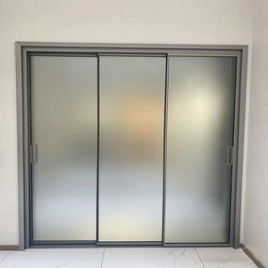 上海厨房窄边三联动推拉门金灰色油砂长虹玻璃移门吊轨阳台四移门