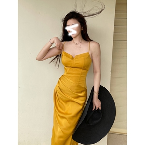 hbe水哥 夏日缪斯胸大腰细黄色收腰抹胸露背吊带裙长裙连衣裙女夏