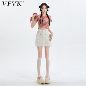 vfvk白色牛仔短裙女2024夏季新款裤裙高腰半裙a字裙设计感半身裙