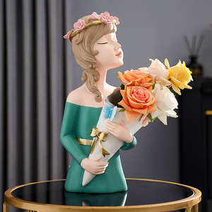 北欧抱花女神摆件创意插a花花瓶装饰品客厅卧室办公室桌面收纳摆