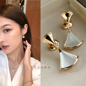 法国代购bvlgari宝格丽18k玫瑰金耳饰小裙子耳钉镶钻扇形女士耳环