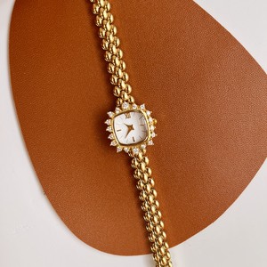 60年代复古中古董镶钻水钻女表方盘串珠表带设计防水镀金奢华