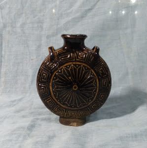 马堂包老包真清代磁州窑褐彩扁壶壶具器双系双耳壶穿带壶皮囊g