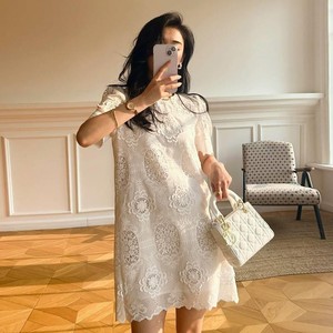 Maje papa代购名媛风重工刺绣白色连衣裙淑女宫廷新中式气质短裙