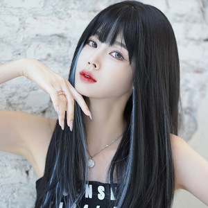 假发女长发法式挑染渐变雾霾蓝整顶逼真发套长直发自然蓬松全头套