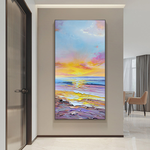 JMS-简约现代手绘油画厚肌理海景日出挂画紫气东来抽象玄关装饰画
