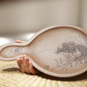 宜兴施生益刻绘双龙戏珠仙鹤麒麟原矿黄段泥紫砂葫芦形干泡盘壶承