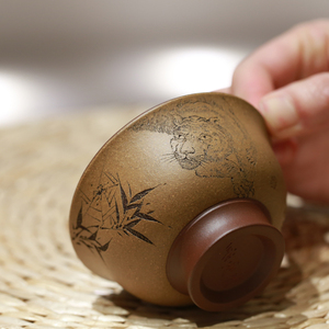 御风堂施生益纯全手工紫砂杯子原矿降坡红泥陶刻绘老虎龙仙鹤猴子