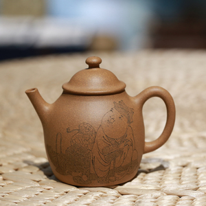 宜兴陶刻绘工艺师张重庆纯全手工人物清供卧云小紫砂壶原矿黄段泥