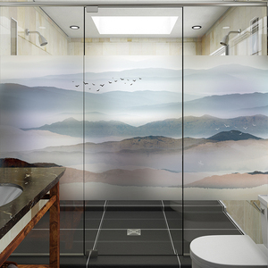 玻璃贴纸新中式山水办公室玻璃门静电磨砂膜窗户贴纸透光不透明山