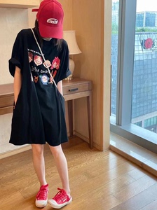 夏季韩版新款宽松卡通字母圆领中长款短袖T恤女慵懒风口袋黑色t裙