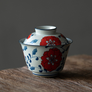 手绘红牡丹盖碗单个家用陶瓷三才茶碗茶杯复古青花瓷不烫手泡茶器