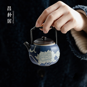 昌朴居纯手绘牡丹苏子八方提梁壶创意手提茶壶陶瓷中式单壶家居壶