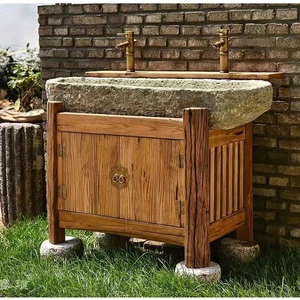 老石槽洗手池石磨洗手盆木架假山洗衣池户外庭院实木中式洗手池台