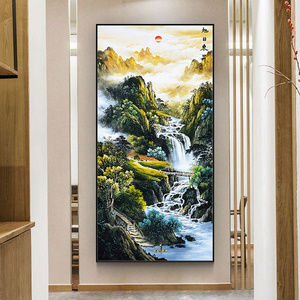 新中式山水风景竖版画玄关装饰挂画走廊过道背景墙画壁画旭日东升