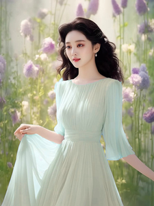 新中式女装小众设计夏季胖mm遮肚藏肉七分袖压褶雪纺青色连衣裙子