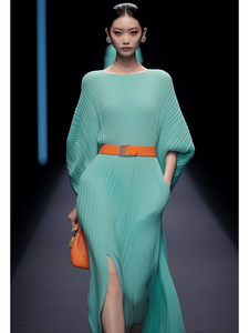 薄荷曼波风中式女装中国风气场强大薄荷绿色长袖子针织绝美连衣裙