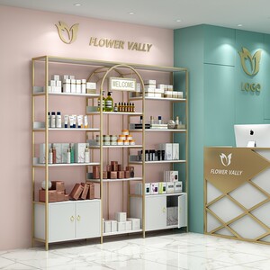 美容院产品展示柜化妆品展示架轻金色货架轻奢美甲店落地置物架