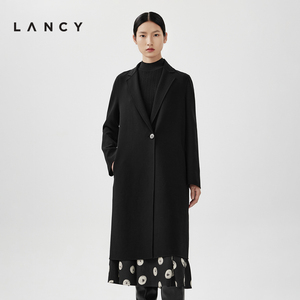 LANCY/朗姿2024春季新款黑色一粒扣羊毛大衣女中长款保暖毛呢外套