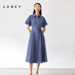 LANCY/朗姿2024夏季新款纯棉条纹法式衬衫连衣裙女短袖中长款裙子