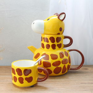 创意陶瓷3D动物马克杯咖啡套装带盖杯子卡通长颈鹿对杯礼品茶杯