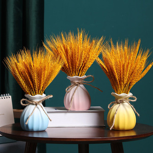 北欧渐变陶瓷花瓶高端大气客厅插花黄金麦穗干花真花玄关装饰摆件