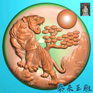 山水老虎圆牌生肖虎挂件上山虎精雕图浮雕玉雕灰度图jdpbmp雕刻图