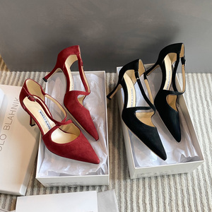 外贸原单mb交叉带凉鞋中古款真皮羊反绒高跟尖头女鞋