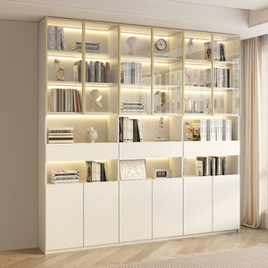 定制实木书房书柜一体整面墙到顶带玻璃门客厅展示柜满墙储物书橱