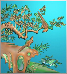 喜鹊木雕双鸟花鸟枝头鸟衣柜门板背板靠背精雕图浮雕图81896