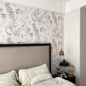 欧式黑白壁纸客厅背景墙法式手绘燕子树叶儿童房墙纸沙发卧室墙布