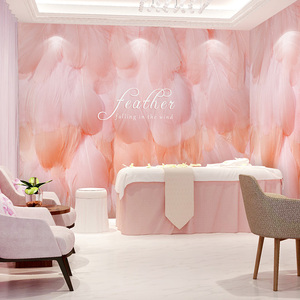 北欧小清新羽毛背景墙布网红粉色美容美甲店壁画宾馆主题酒店壁布