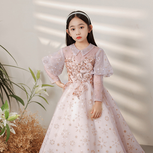 女童生日宴礼服花童婚礼小女孩公主裙长袖高端钢琴演奏演出服冬季