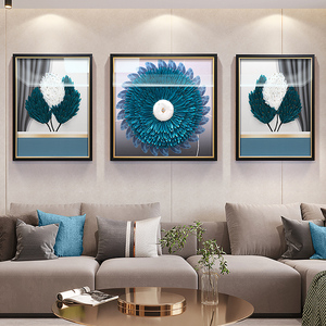 沙发背景墙装饰画现代简约墙画客厅挂画手工羽毛立体实物画三联画