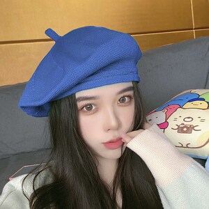 新款蓝色贝雷帽女春秋款大头围韩系针织ins网红复古画家帽子冬酷