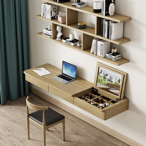 实木壁挂式书桌书架梳妆台翻盖化妆镜一体卧室双人悬空学习桌组合