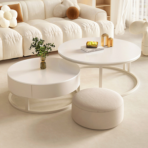 奶油风茶几客厅家用轻奢现代简约高端2023新款小户型圆形岩板茶桌