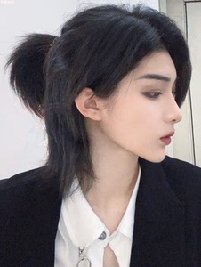 武士头假发男帅气长发修脸鲻鱼头中性风狼尾日系中分刘海整顶发套