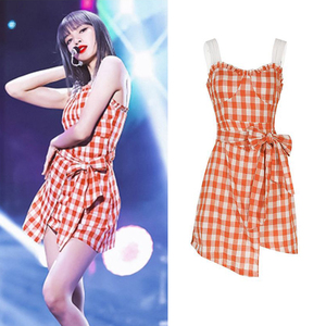 blackpink lisa同款衣服复古格子绑带吊带连衣裙女夏法式短款裙子