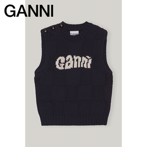 ganni女装 2022新款藏蓝色logo款修身针织背心马甲 k1649683