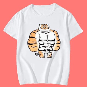 胖虎表情包短袖男士肌肉猛虎衣服 抖音同款萌虎卡通印花学生t恤男