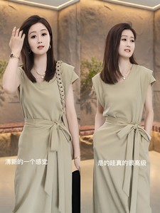 韩范时尚套装女夏高级设计感双层短袖t恤系带收腰显瘦半身裙两件