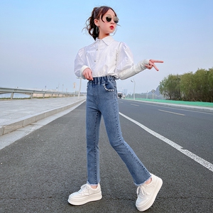女童微喇紧身牛仔裤中大童春秋款儿童修身裤子小女孩洋气外穿长裤