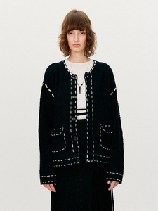 毛衣女秋冬韩国设计师品牌宽松慵懒风芥末绿针织开衫外套savi同款