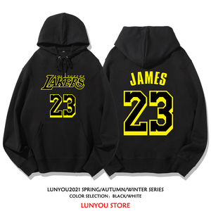 湖人黑曼巴连帽卫衣男詹姆斯23号印花美式篮球运动外套秋冬加绒