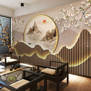新中k式茶室墙纸茶艺直播间山水图茶楼酒店大堂茶台茶馆背景墙壁