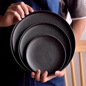 流沙盘子磨砂黑牛排盘西餐盘炻瓷盘创意黑色菜盘日式商用牛扒盘