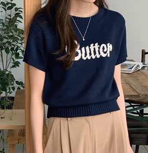 韩国chic夏季简约百搭圆领撞色字母提花设计短袖套头针织衫上衣女