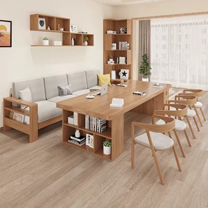 北欧实木客厅大长书桌配沙发书架书柜一体多功能双人学习桌带抽屉
